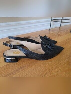 Leather Black Glitter Slingback Loafers with Tassel Detail.